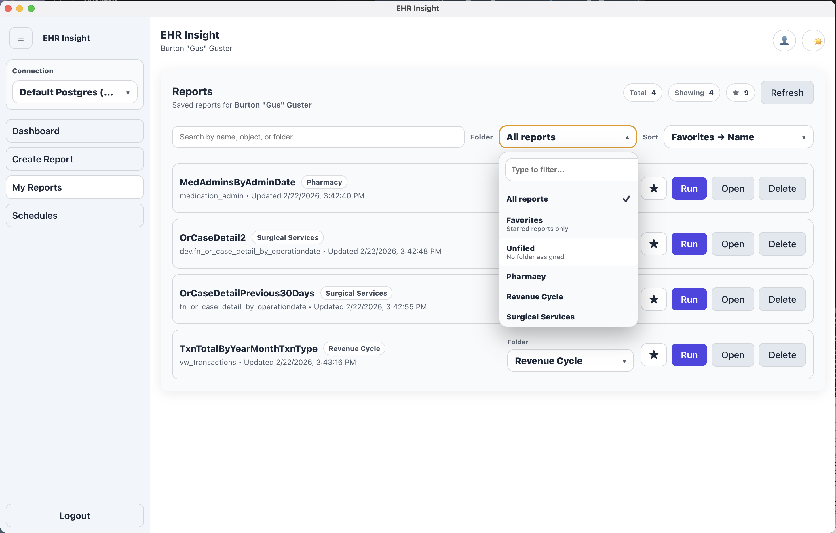 Saved reports list showing favorites and reusable templates