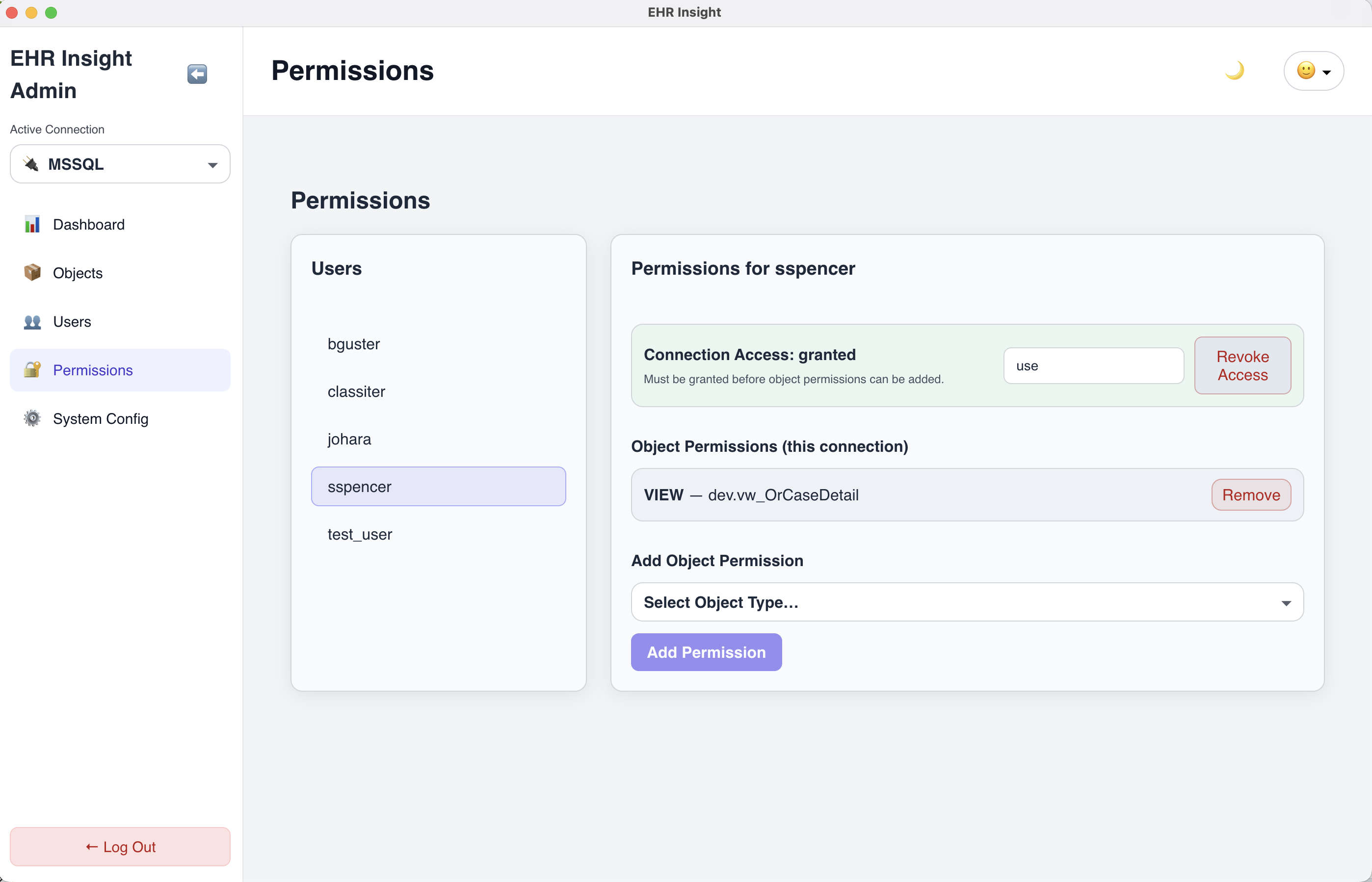 Object-level permissions management in EHR Insight