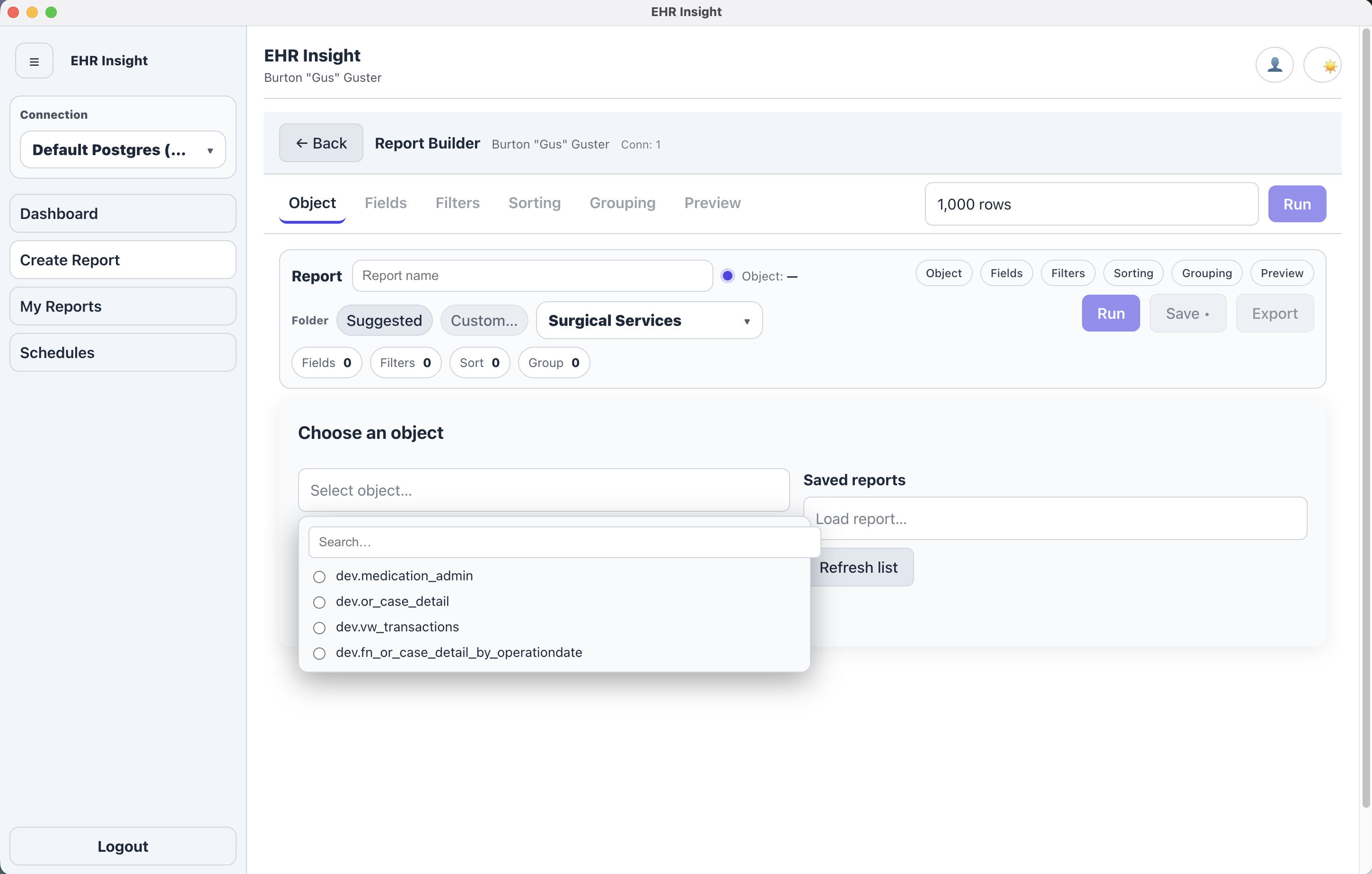 Visual report builder showing fields, filters, and groupings