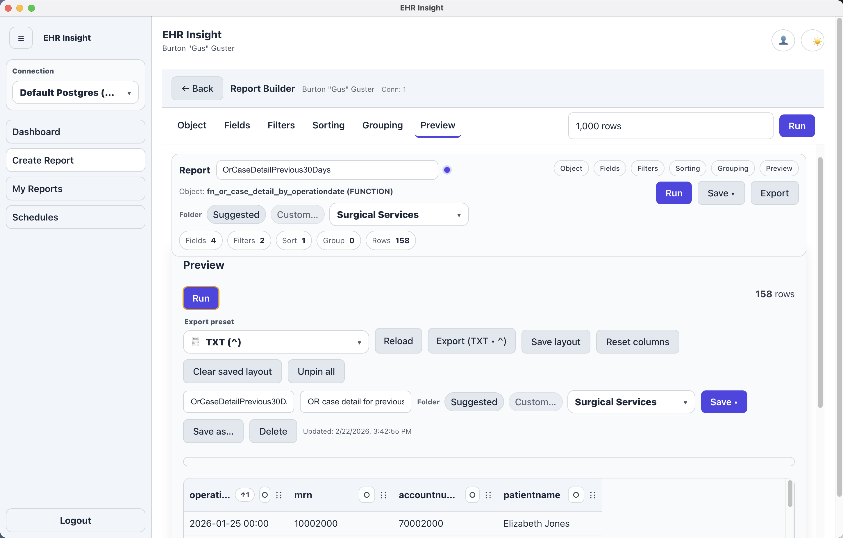 Results grid preview with sortable columns