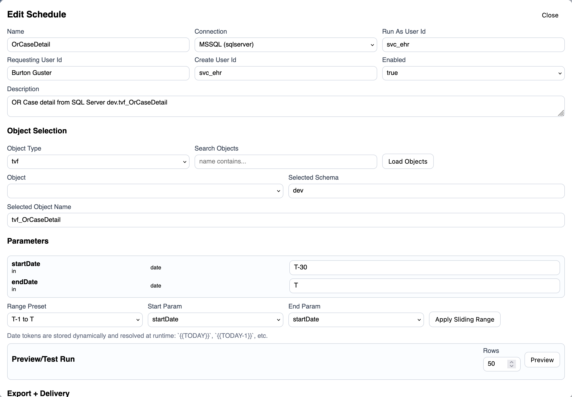 Output destination and cadence settings in schedule editor