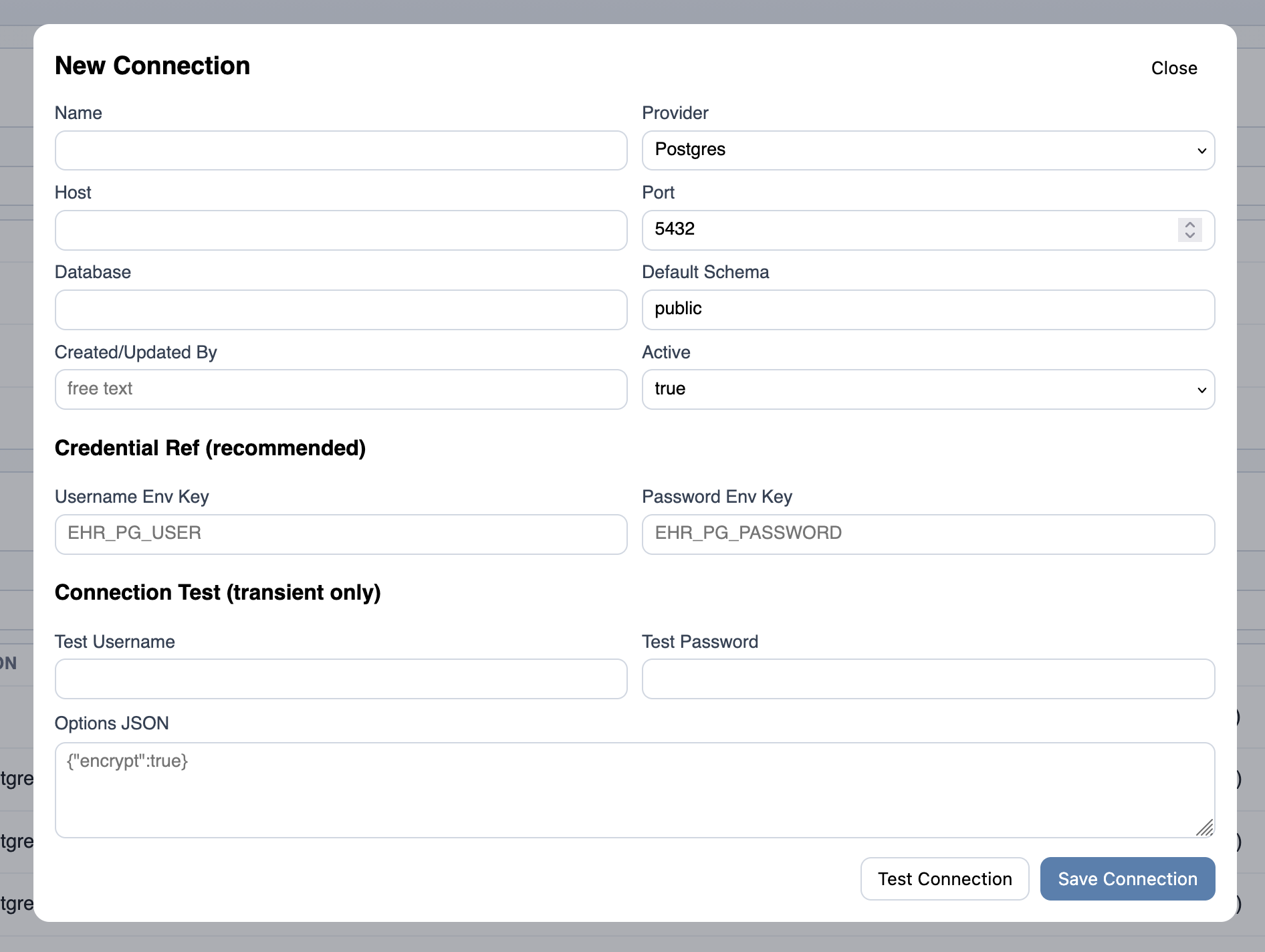 Create new connection form in Insight Pipeline
