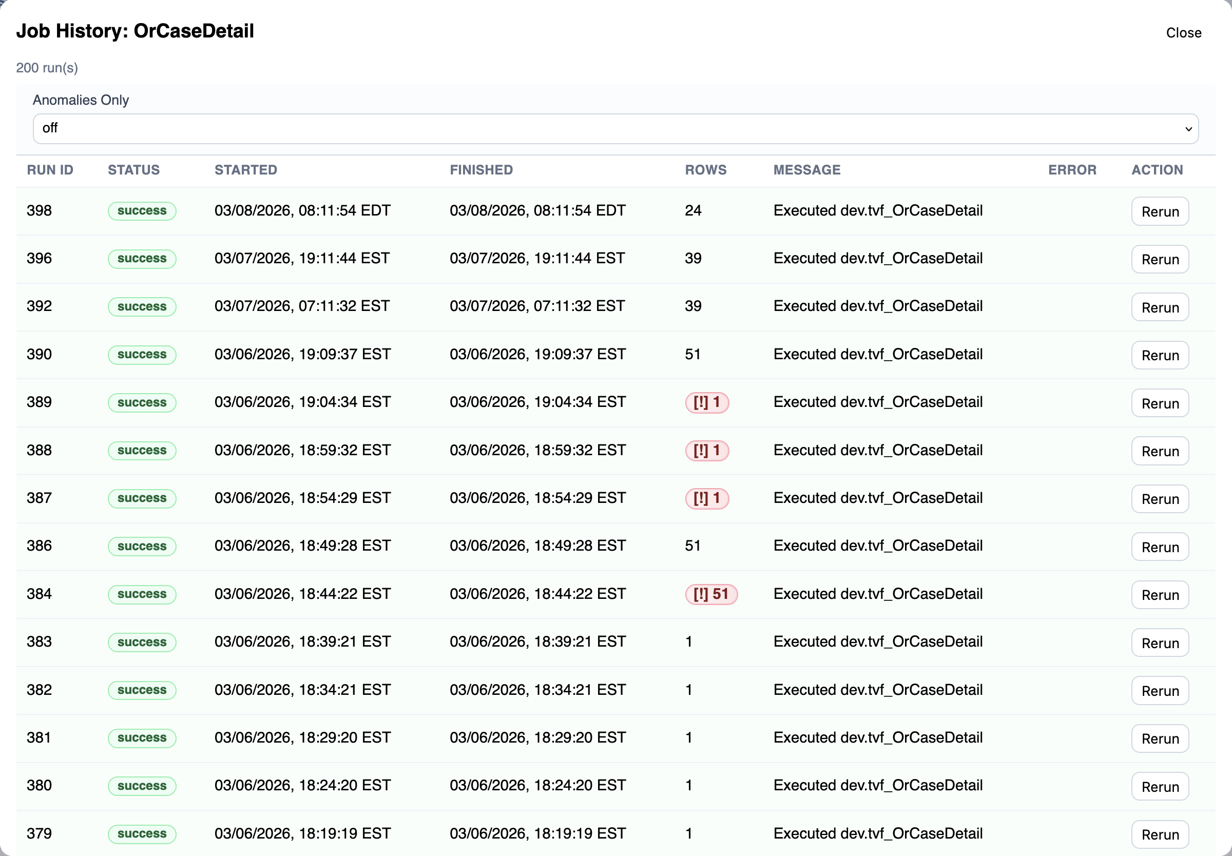 Single job history modal showing run outcomes